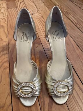 Pelle Moda Metallic Gold Crystal-Accent Peep-Toe Heels